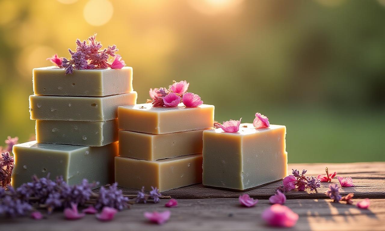 Vista ravvicinata di saponi artigianali con petali di fiori